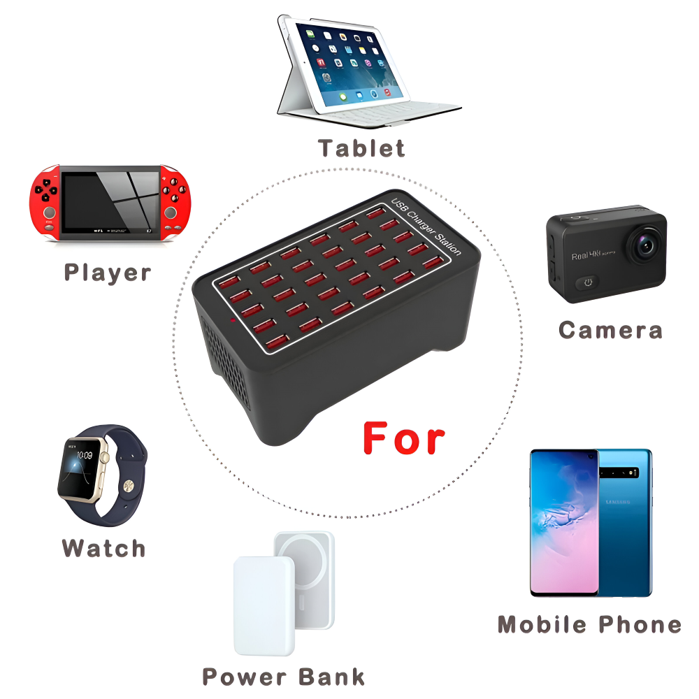 ChargeCore - Universelle USB-Ladestation mit 30 Anschlüssen
