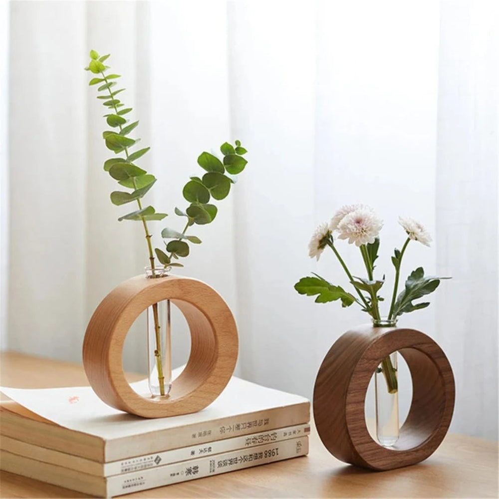 Hydroponische Vase aus Holz - Minimalistisches Pflanzendisplay aus Holz und Glas
