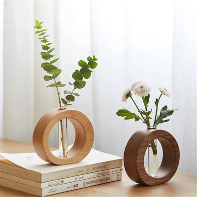 Hydroponische Vase aus Holz - Minimalistisches Pflanzendisplay aus Holz und Glas
