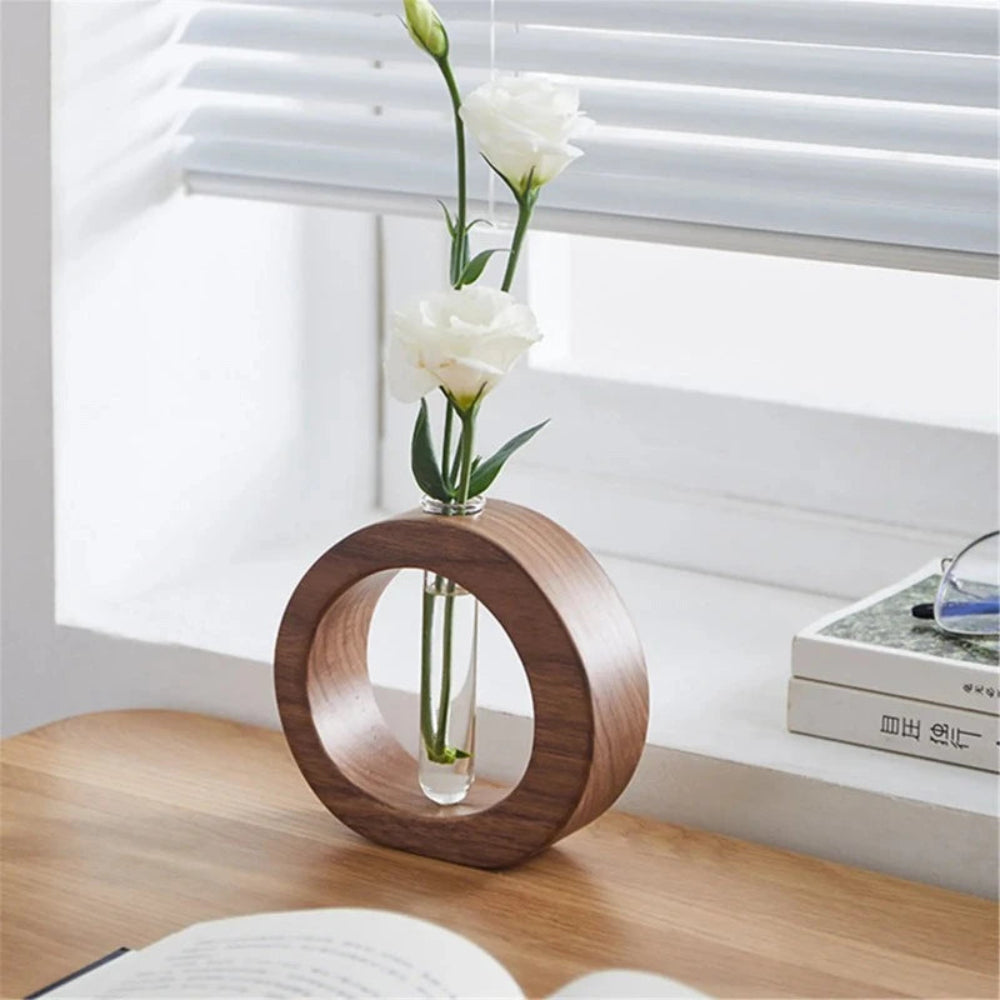 Hydroponische Vase aus Holz - Minimalistisches Pflanzendisplay aus Holz und Glas