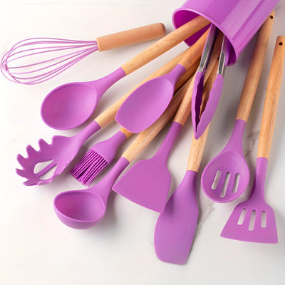 Silikon-Küchenutensilien-Set mit Bambusgriffen - 12-teiliges kratzfestes Utensilien-Set
