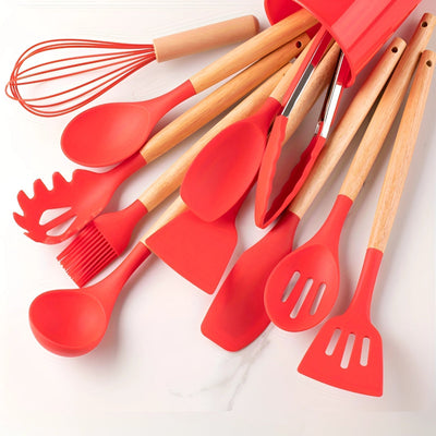 Silikon-Küchenutensilien-Set mit Bambusgriffen - 12-teiliges kratzfestes Utensilien-Set