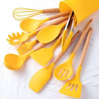 Silikon-Küchenutensilien-Set mit Bambusgriffen - 12-teiliges kratzfestes Utensilien-Set