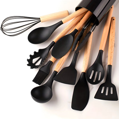 Silikon-Küchenutensilien-Set mit Bambusgriffen - 12-teiliges kratzfestes Utensilien-Set