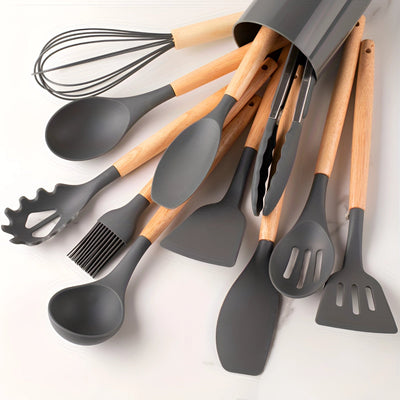 Silikon-Küchenutensilien-Set mit Bambusgriffen - 12-teiliges kratzfestes Utensilien-Set