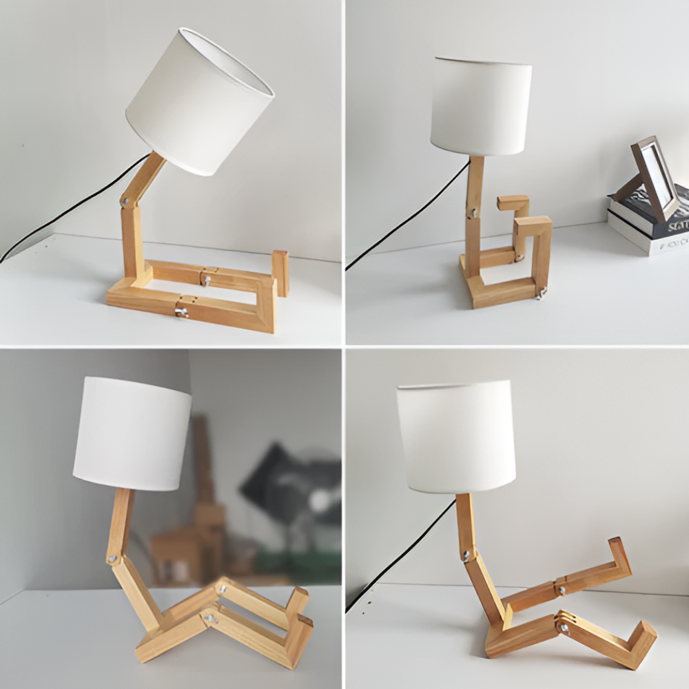 Kreative Holz-Roboter-Schreibtischlampe - Flexibles Design mit Buchhalterung